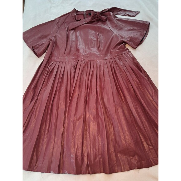 Eloquii Faux Leather Pleated Skirt Tie Neck Midi Dress Burgundy PLS READ Size 28 - Picture 7 of 12
